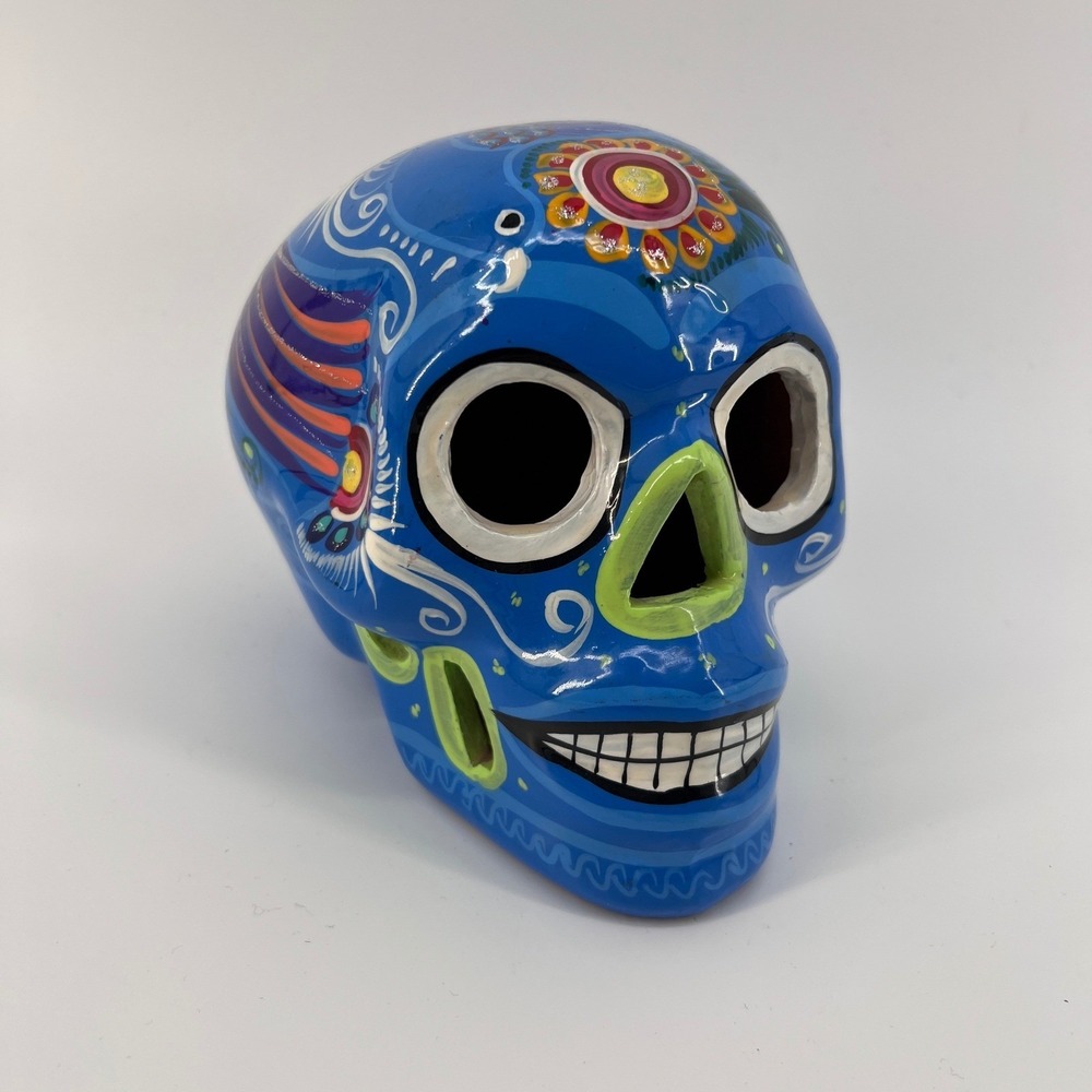 Hand Painted Ceramic Sugar Skull Blue Floral Day of the Dead Decor